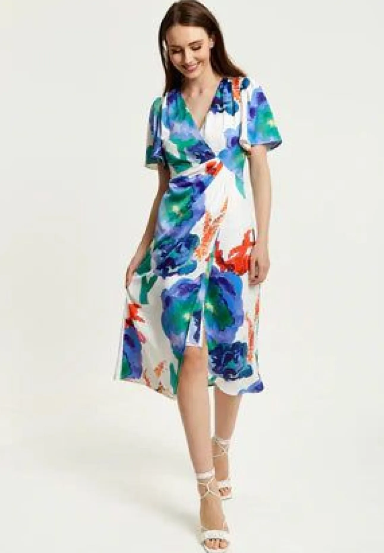 Women Liquorish Floral Print White Based Midi Wrap Dress