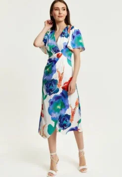 Women Liquorish Floral Print White Based Midi Wrap Dress