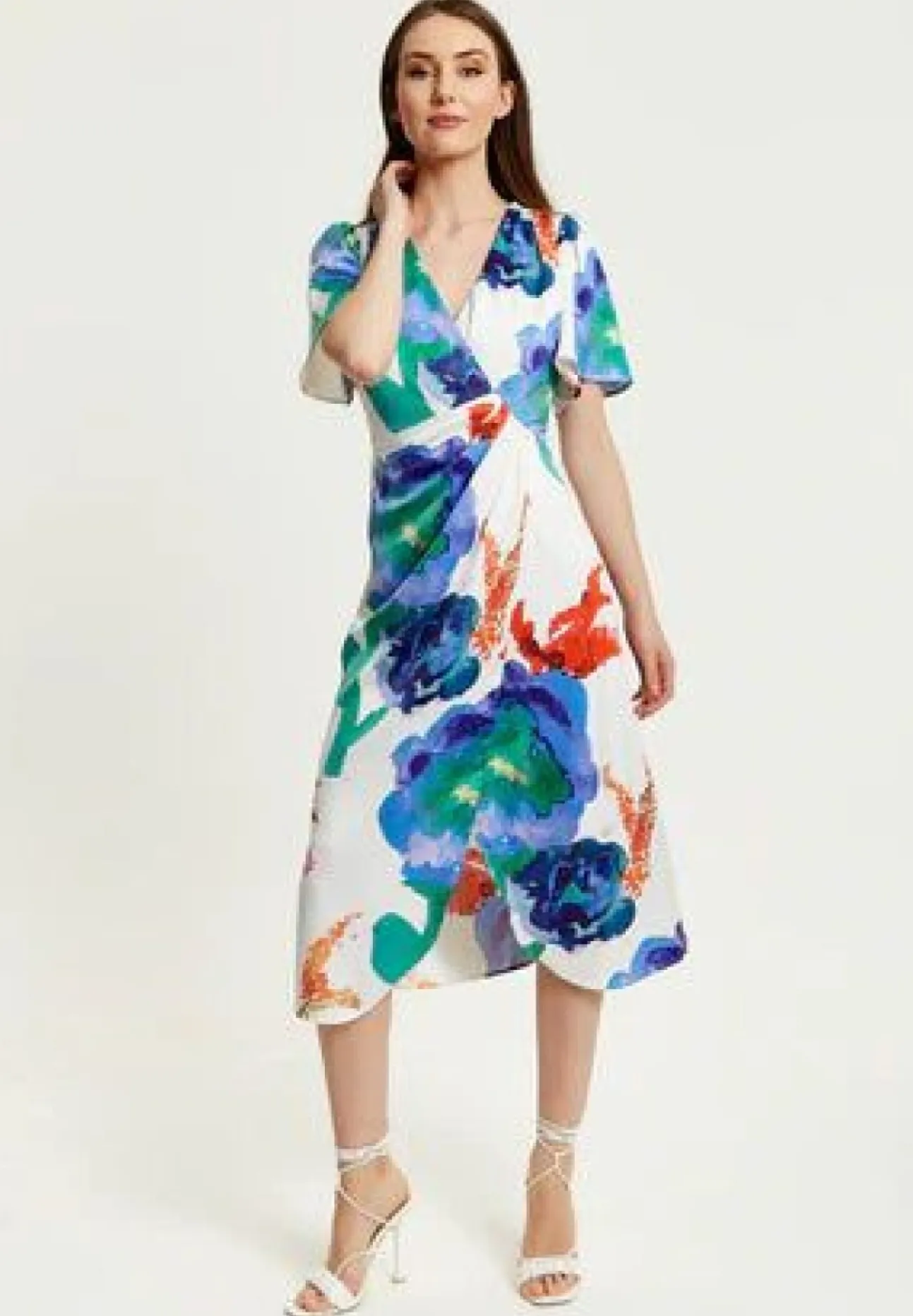 Women Liquorish Floral Print White Based Midi Wrap Dress
