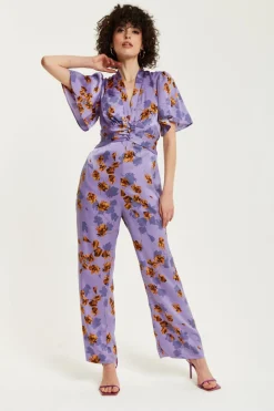 Women Liquorish Floral Wide Leg Jumpsuit With Angel Sleeves