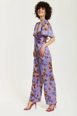Women Liquorish Floral Wide Leg Jumpsuit With Angel Sleeves