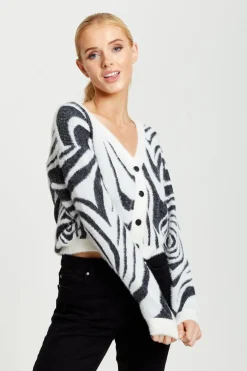 Women Liquorish Fluffy Black And White Cardigan