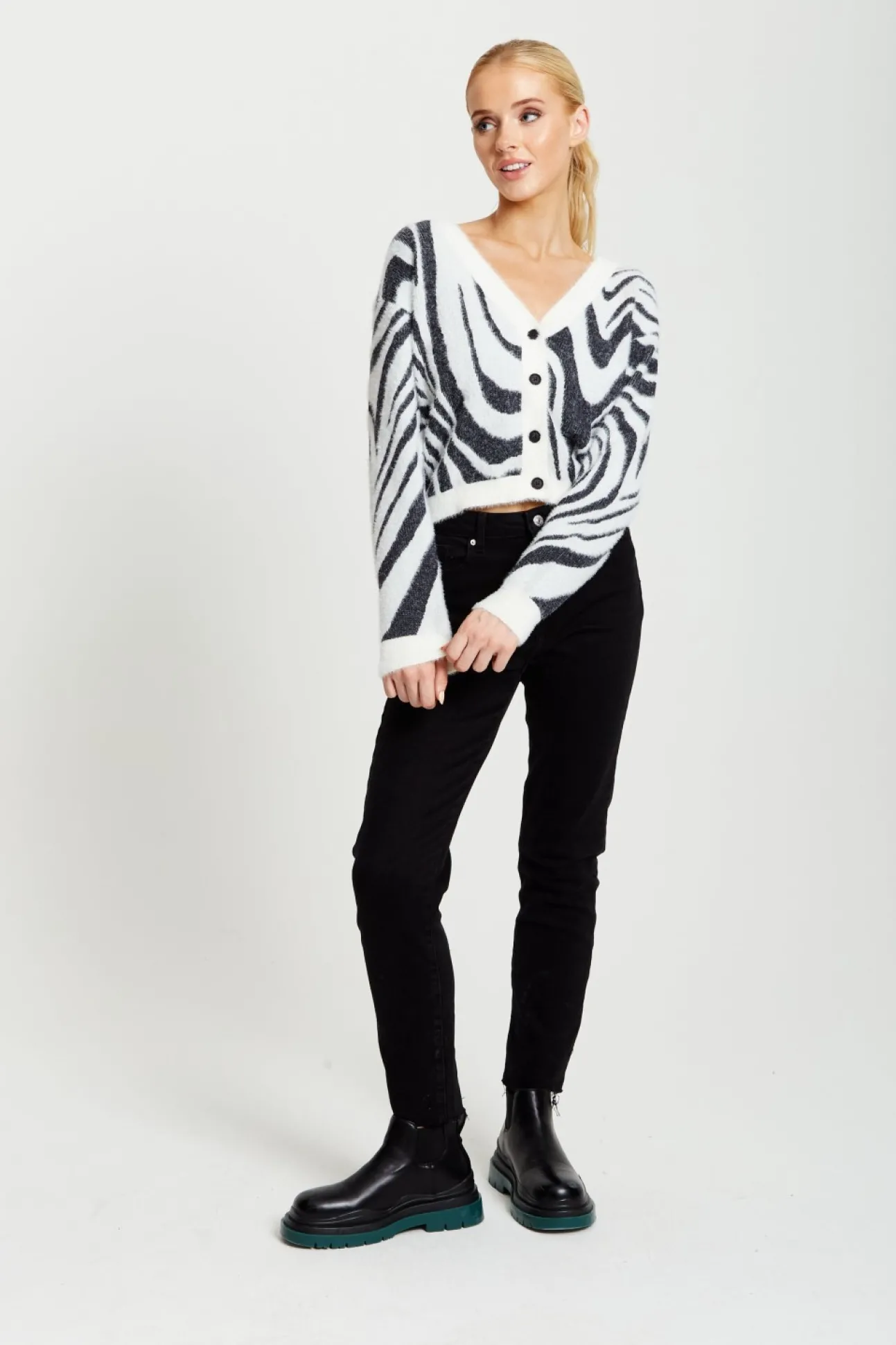 Women Liquorish Fluffy Black And White Cardigan