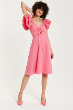 Women Liquorish Frill Sleeves Midi In With Ruching Front
