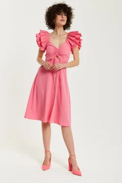Women Liquorish Frill Sleeves Midi In With Ruching Front