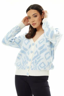 Women Liquorish Geometric Pattern Cardigan In Blue And White