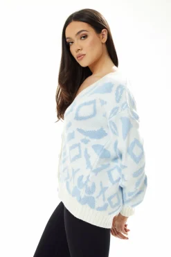 Women Liquorish Geometric Pattern Cardigan In Blue And White