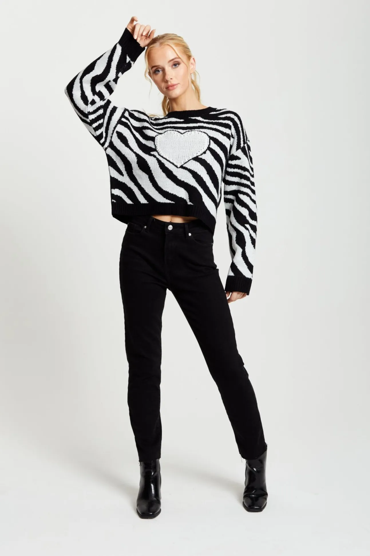 Women Liquorish Heart Jumper In And White Zebra Pattern