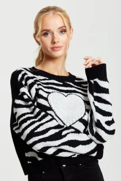Women Liquorish Heart Jumper In And White Zebra Pattern