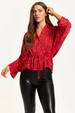 Women Liquorish Heart Print Shirt With Long Sleeves And Tie Waist