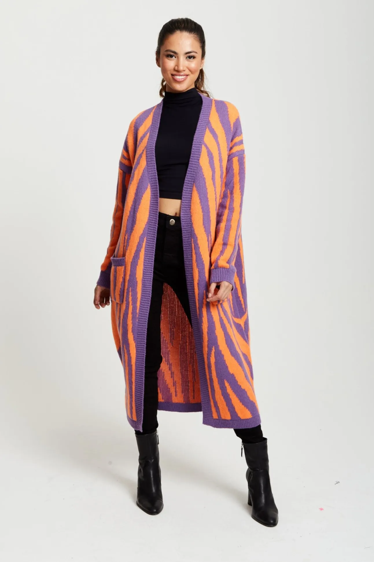 Women Liquorish Longline Cardigan In Orange And Purple