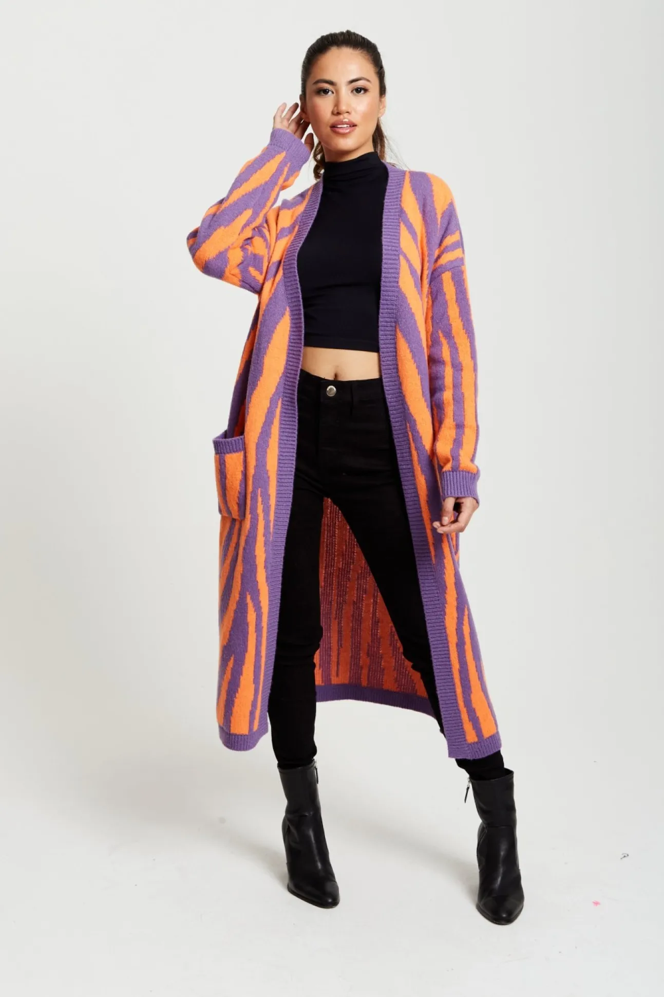 Women Liquorish Longline Cardigan In Orange And Purple