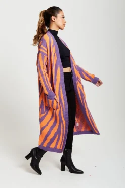 Women Liquorish Longline Cardigan In Orange And Purple