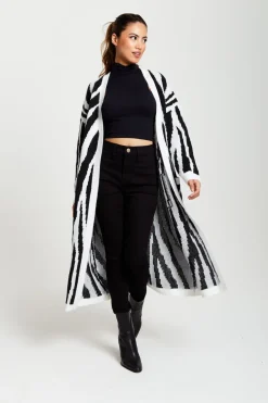 Women Liquorish Longline Cardigan In Black And White Zebra Pattern