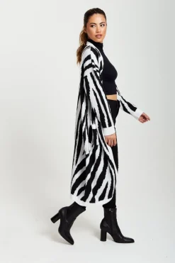 Women Liquorish Longline Cardigan In Black And White Zebra Pattern