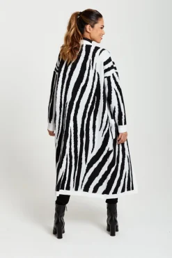 Women Liquorish Longline Cardigan In Black And White Zebra Pattern