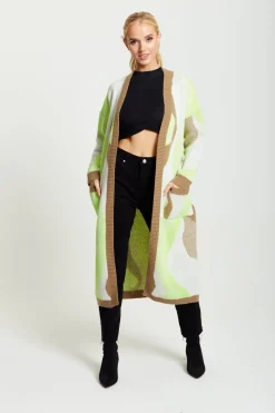 Women Liquorish Longline Cardigan In Brown, Green And White