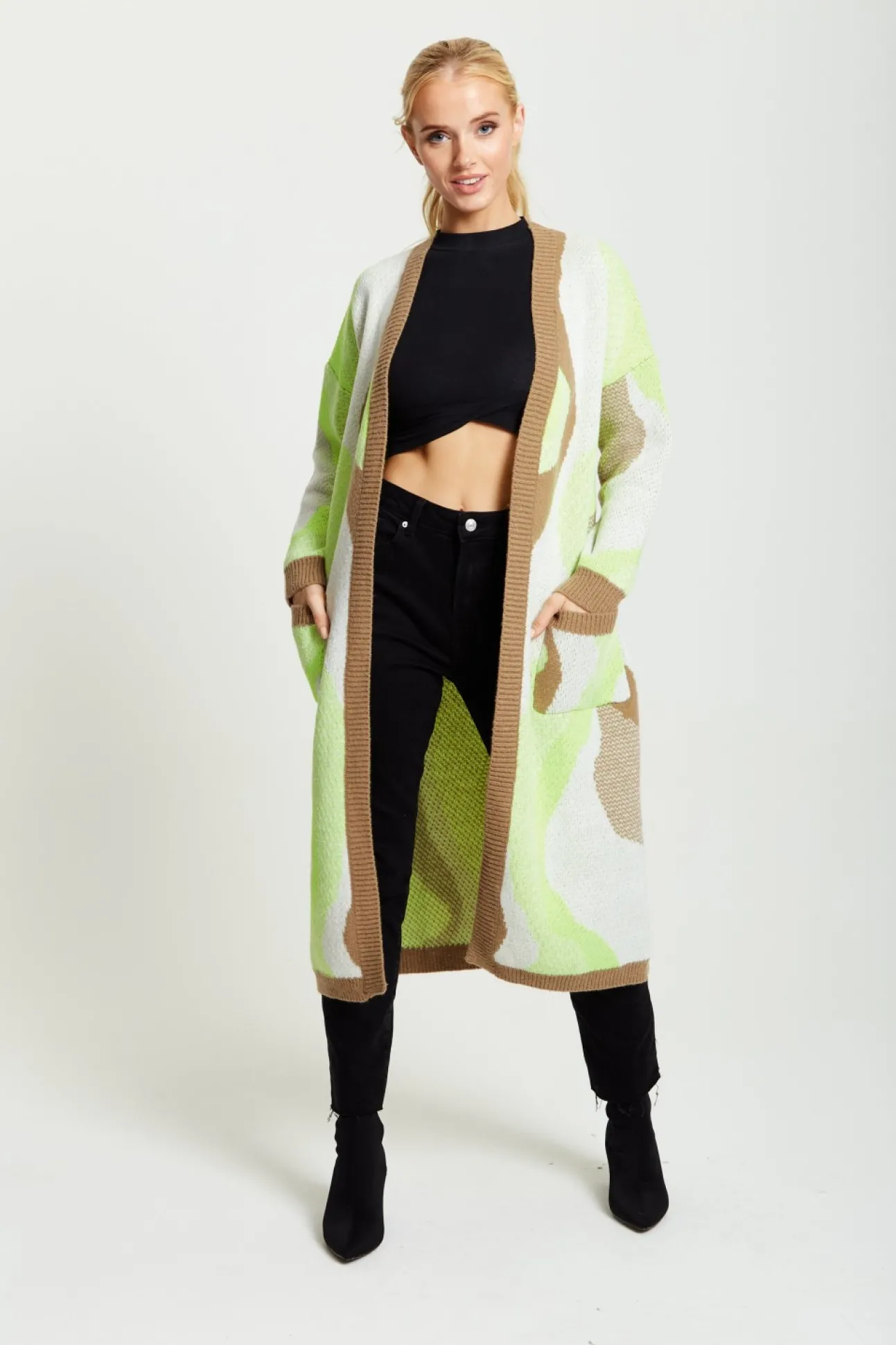 Women Liquorish Longline Cardigan In Brown, Green And White