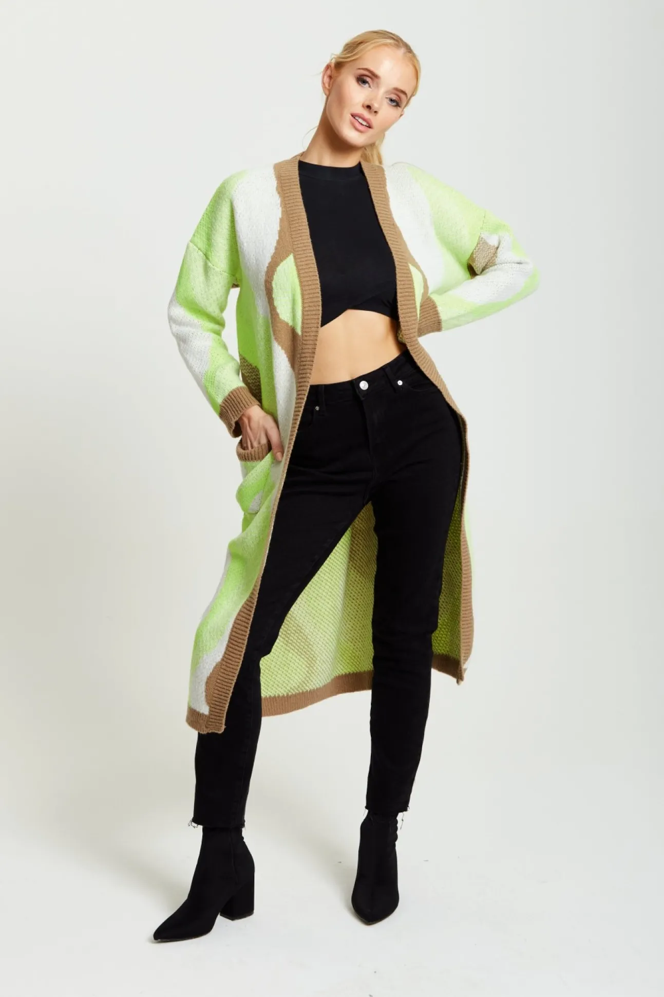 Women Liquorish Longline Cardigan In Brown, Green And White