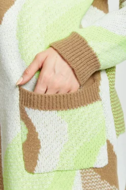 Women Liquorish Longline Cardigan In Brown, Green And White