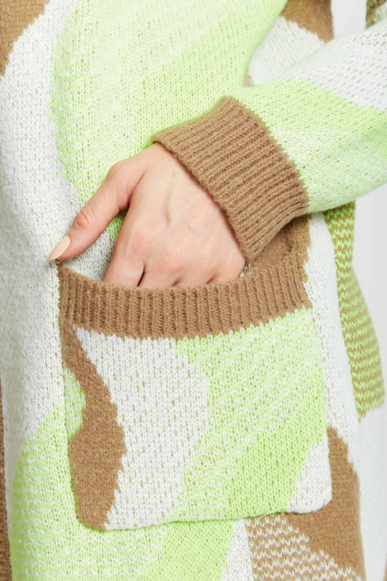 Women Liquorish Longline Cardigan In Brown, Green And White