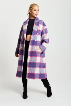Women Liquorish Longline Coat In Pink And Navy Checks