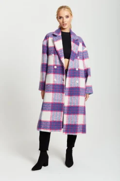 Women Liquorish Longline Coat In Pink And Navy Checks