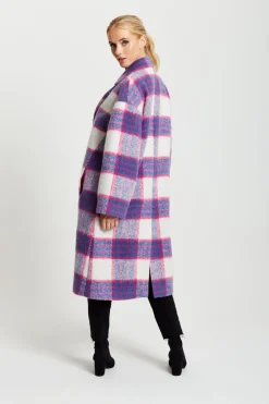 Women Liquorish Longline Coat In Pink And Navy Checks