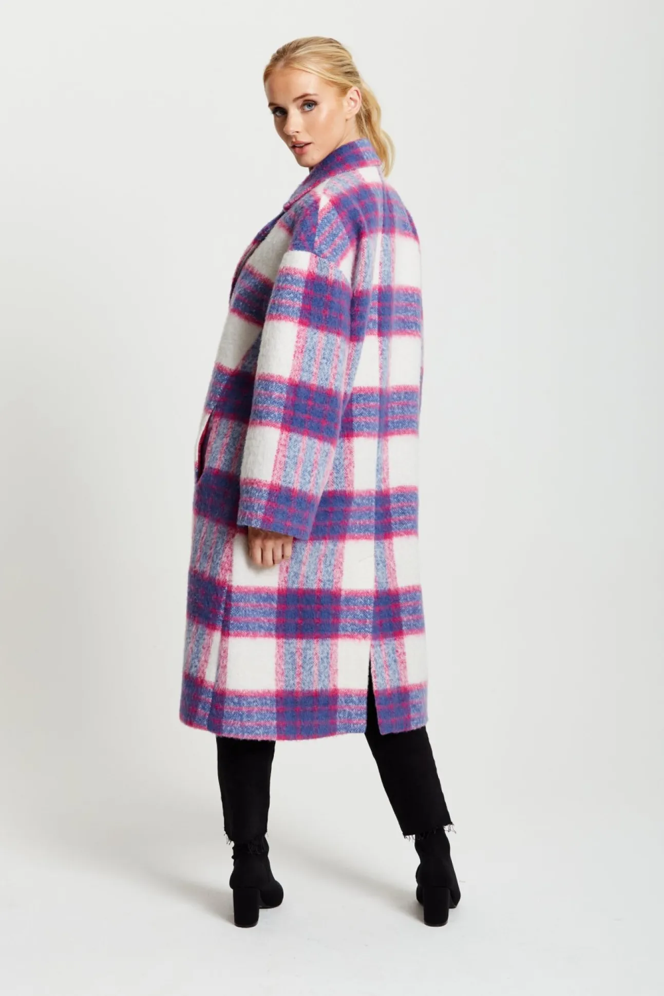 Women Liquorish Longline Coat In Pink And Navy Checks