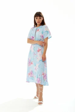 Women Liquorish Midi Floral Print Dress With Mesh Detail In