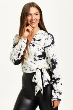 Women Liquorish Mono Abstract Print Wrap Top With Long Sleeves