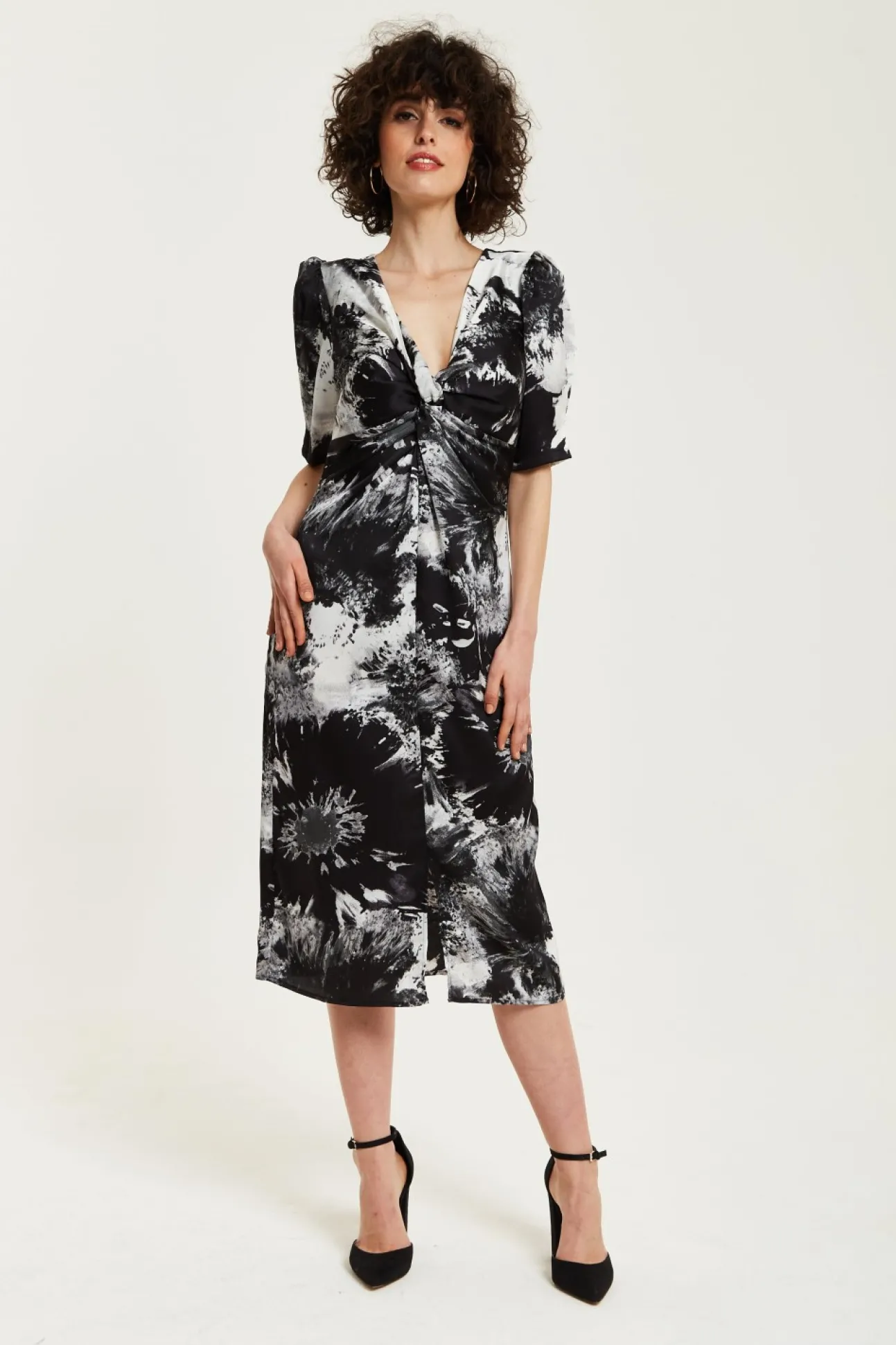 Women Liquorish Mono Abstract Print Knot Front Midi Dress