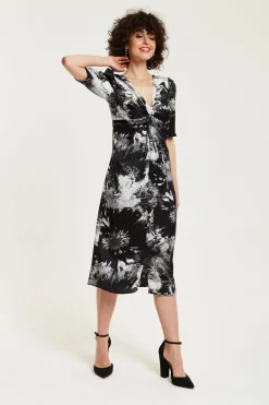 Women Liquorish Mono Abstract Print Knot Front Midi Dress