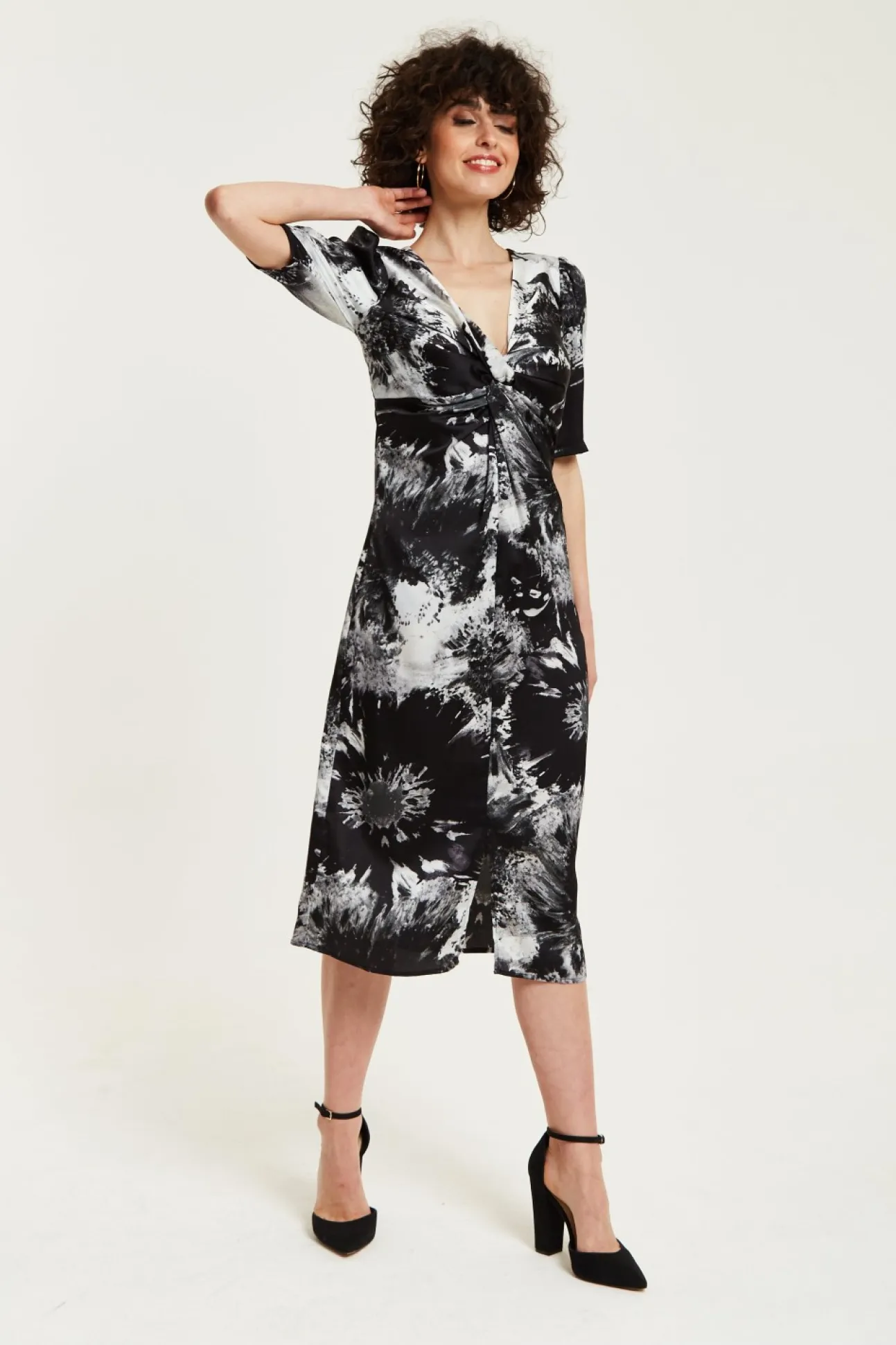Women Liquorish Mono Abstract Print Knot Front Midi Dress