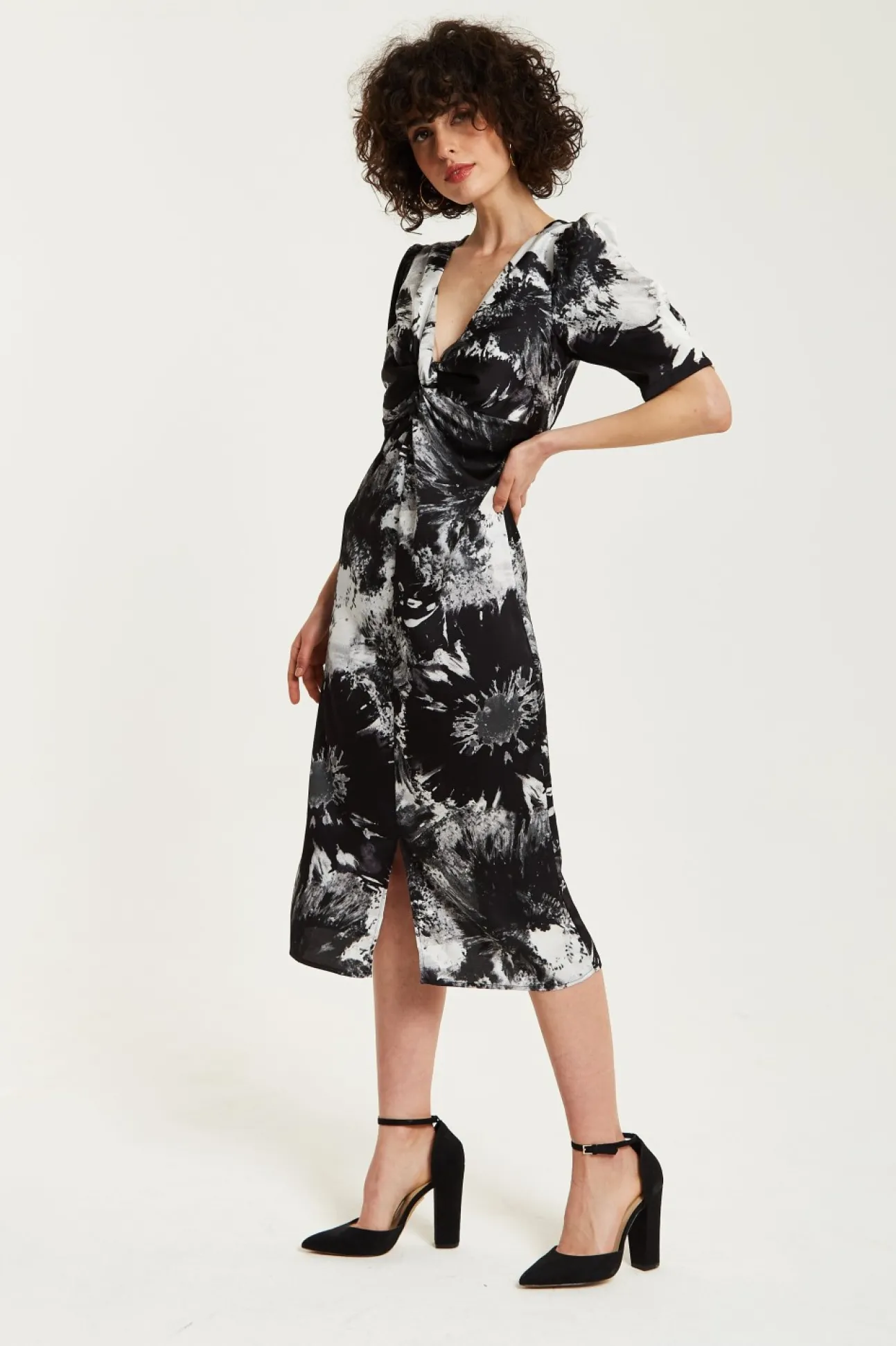 Women Liquorish Mono Abstract Print Knot Front Midi Dress