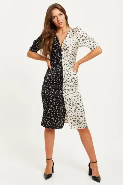 Women Liquorish Mono Heart Print Knot Front Midi Dress