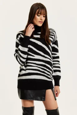 Women Liquorish Mono Zebra High Neck Jumper