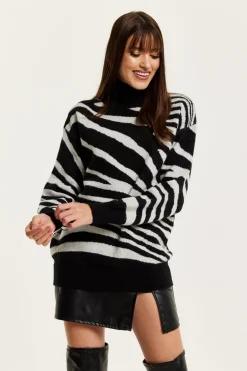 Women Liquorish Mono Zebra High Neck Jumper