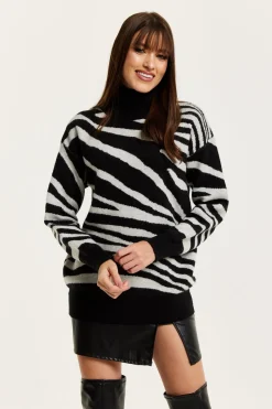 Women Liquorish Mono Zebra High Neck Jumper