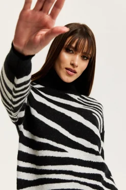 Women Liquorish Mono Zebra High Neck Jumper