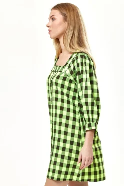 Women Liquorish Neon Gingham Puff Sleeve Dress