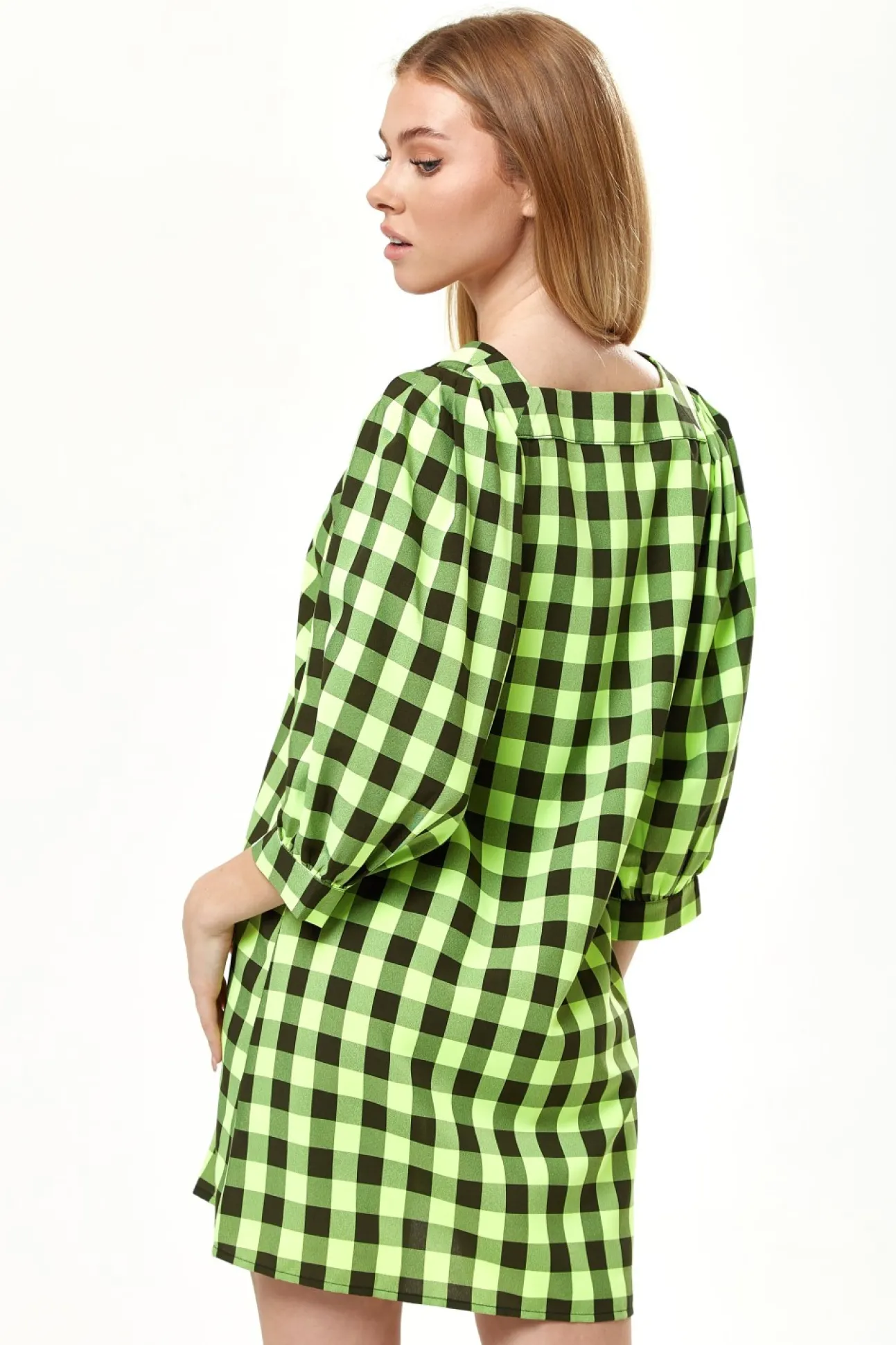 Women Liquorish Neon Gingham Puff Sleeve Dress