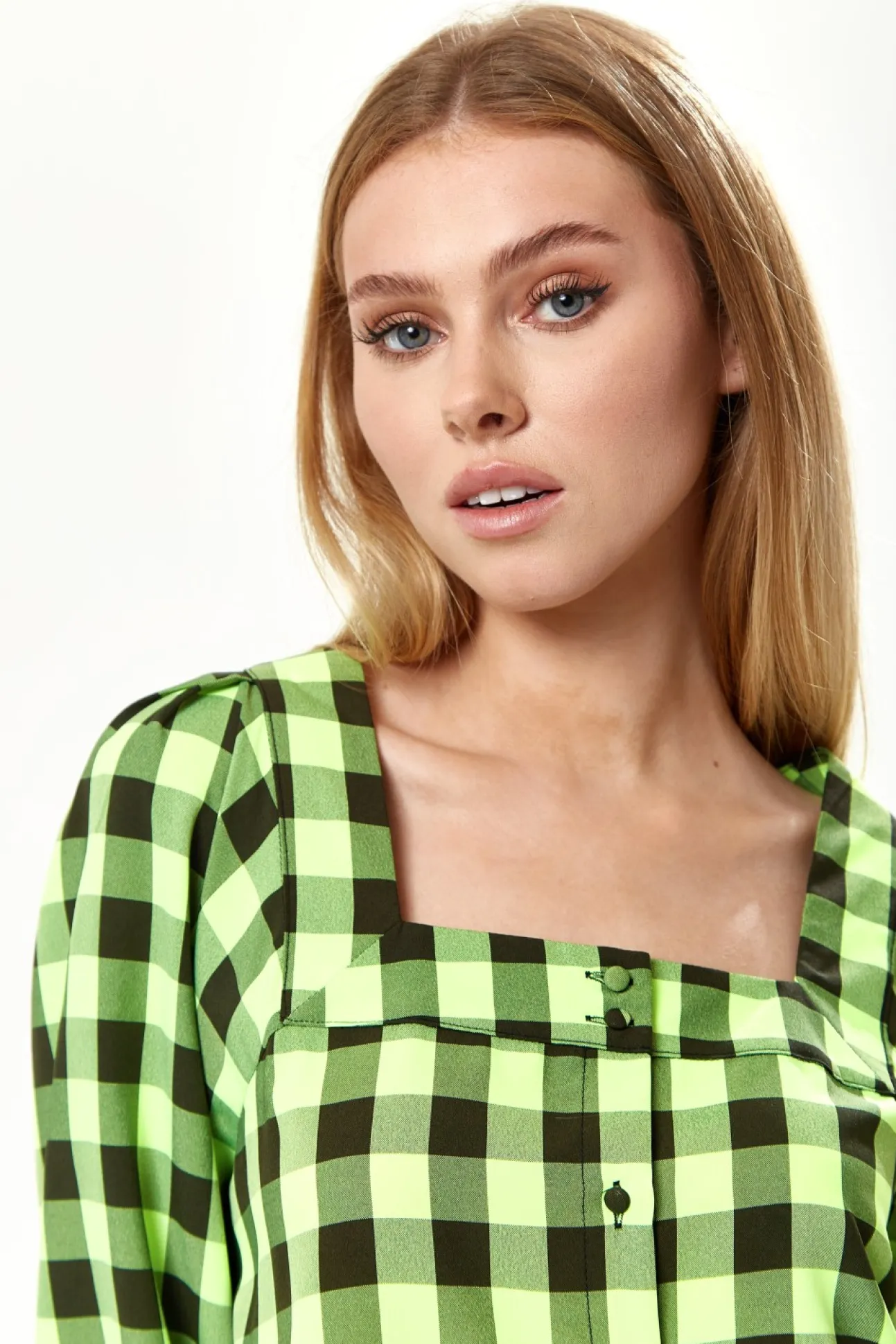 Women Liquorish Neon Gingham Puff Sleeve Dress