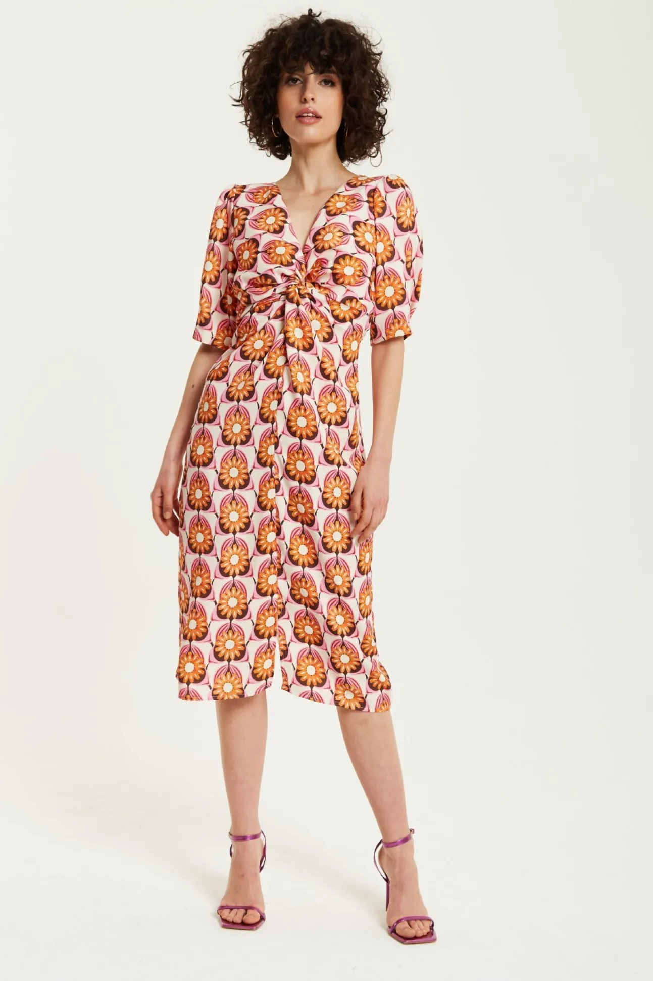 Women Liquorish Orange Floral Knot Front Midi Dress