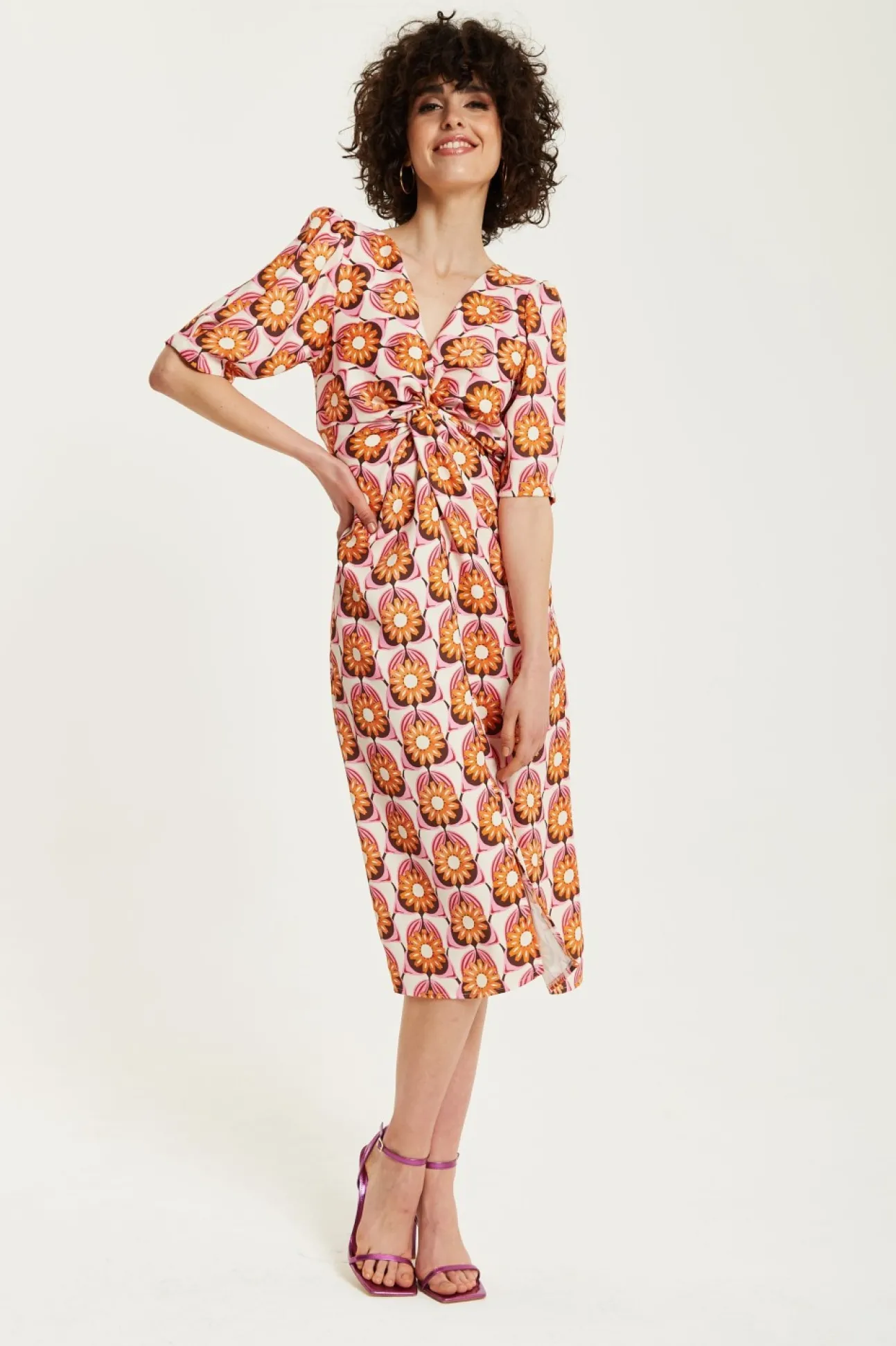 Women Liquorish Orange Floral Knot Front Midi Dress