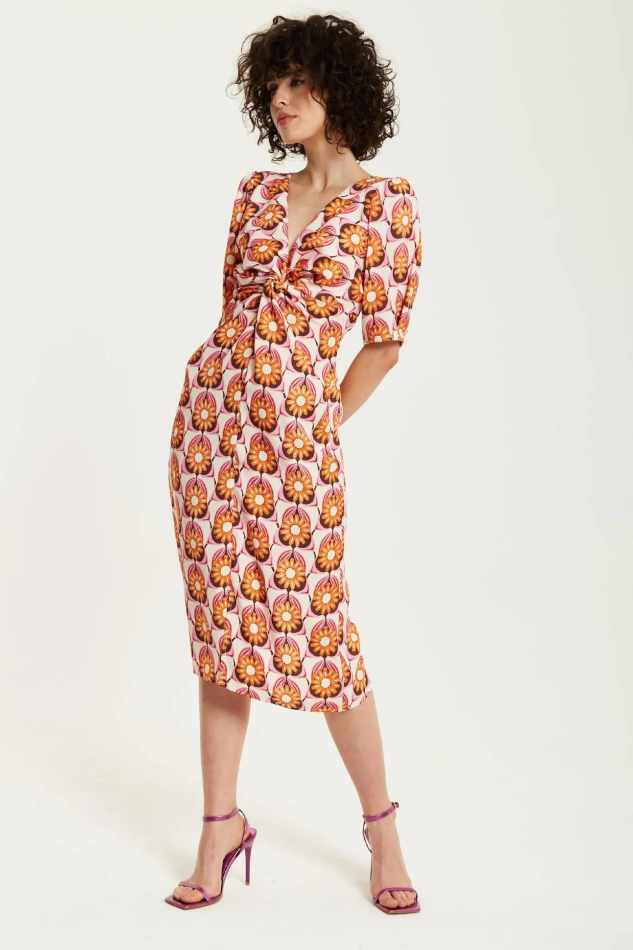 Women Liquorish Orange Floral Knot Front Midi Dress