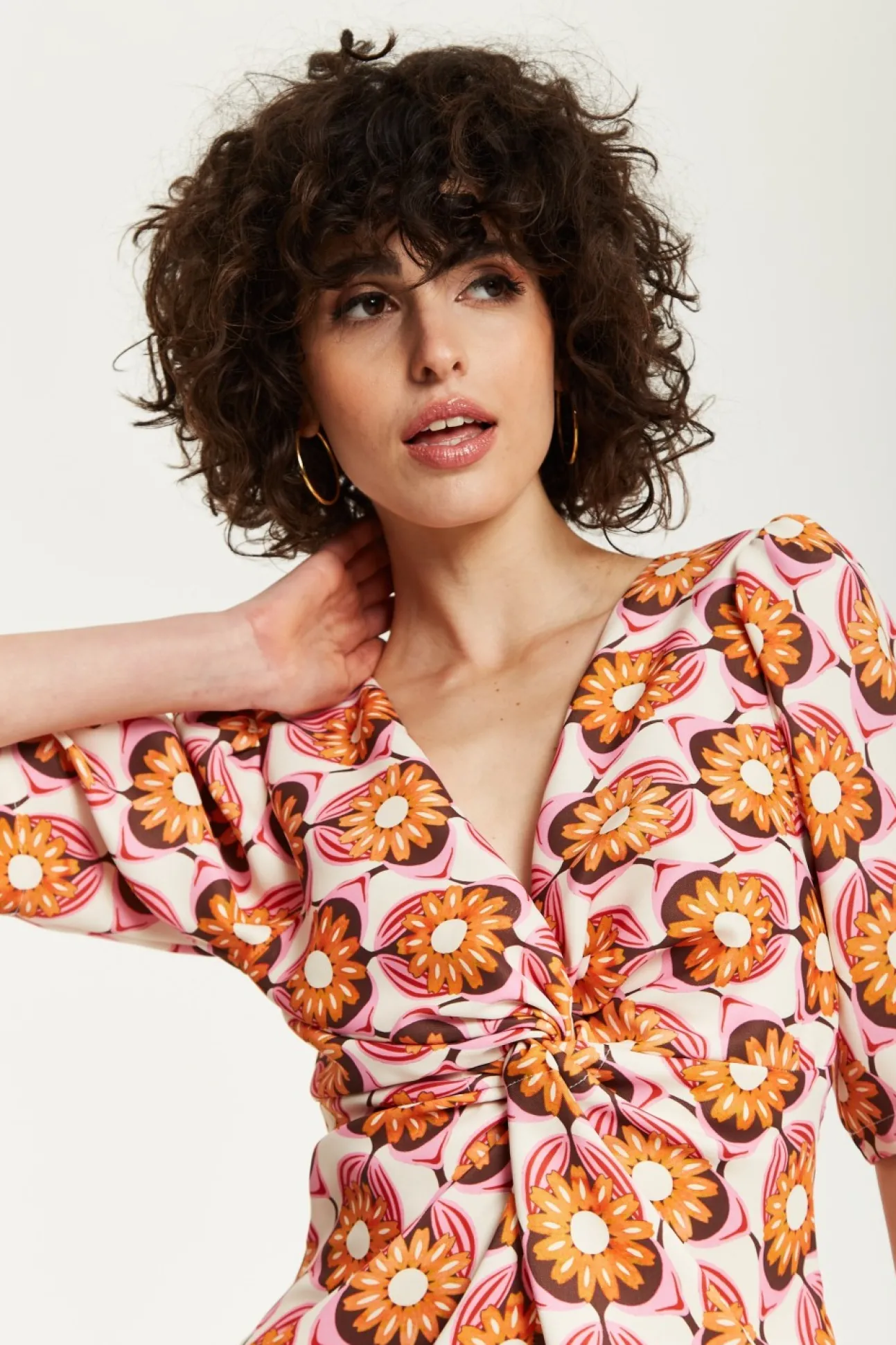 Women Liquorish Orange Floral Knot Front Midi Dress