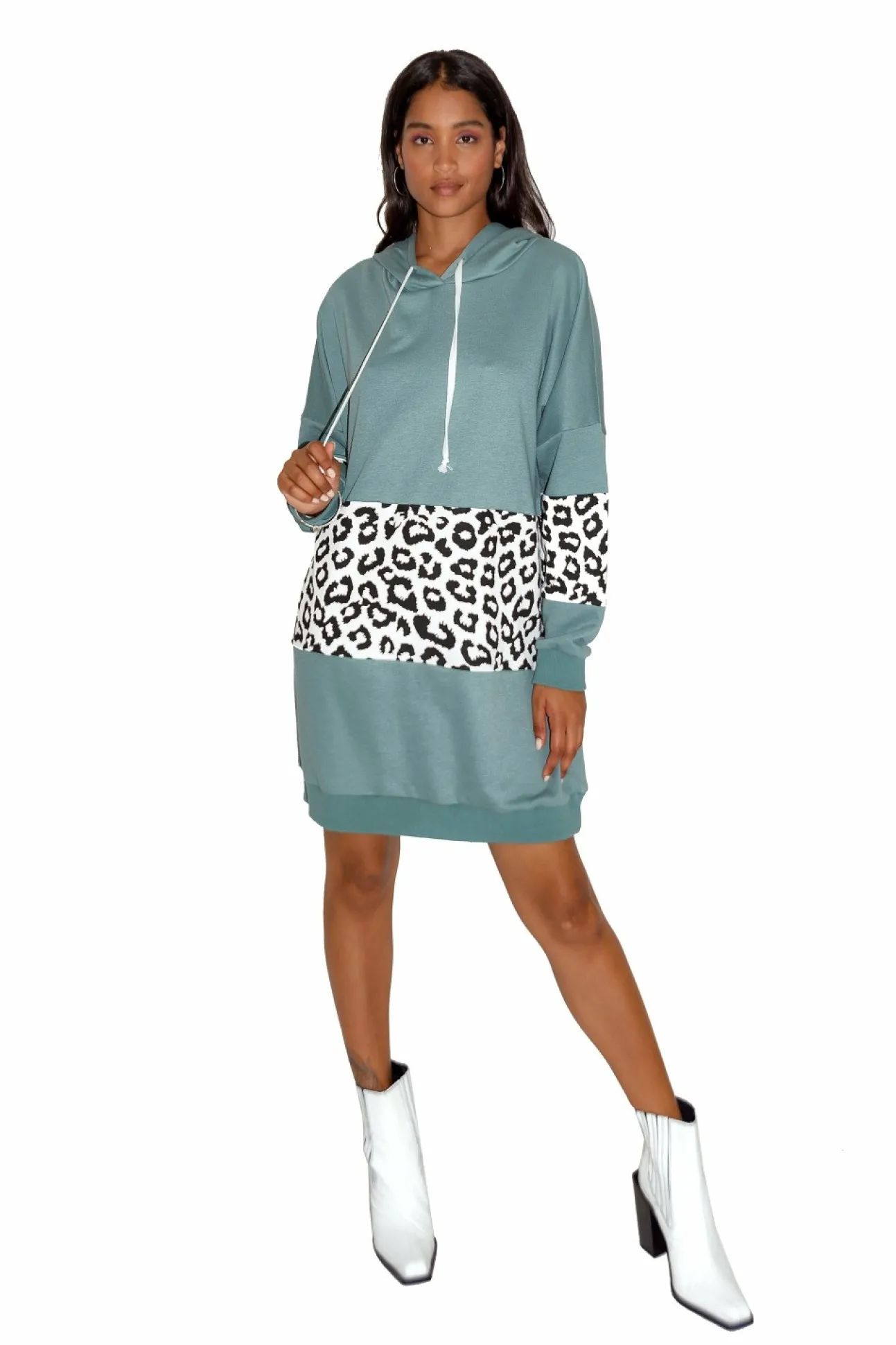 Women Liquorish Oversize Hoodie Dress In Sage And Leopard Print