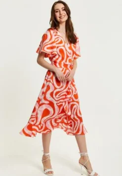 Women Liquorish Pink And Red Abstract Print Midi Wrap Dress