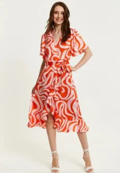 Women Liquorish Pink And Red Abstract Print Midi Wrap Dress